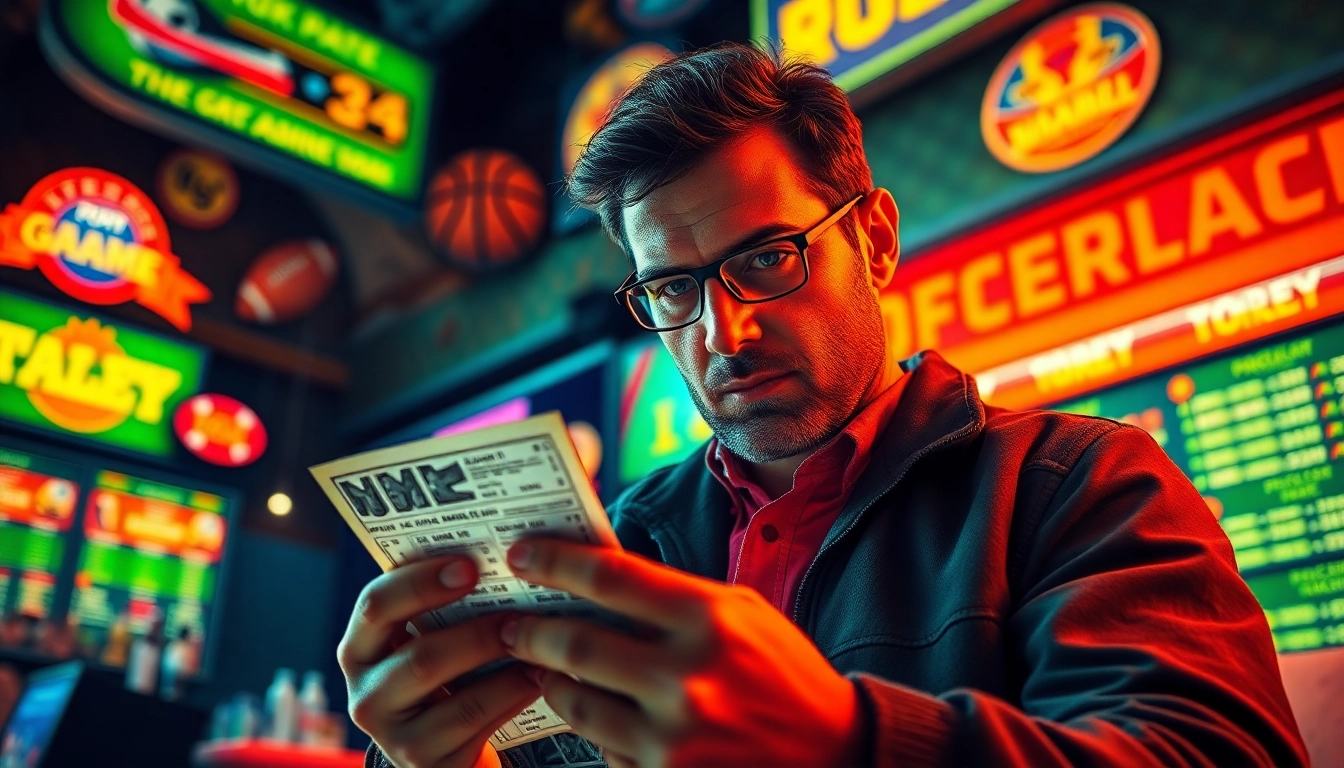 Bettor analyzing mix parlay tickets in a vibrant sports betting environment.