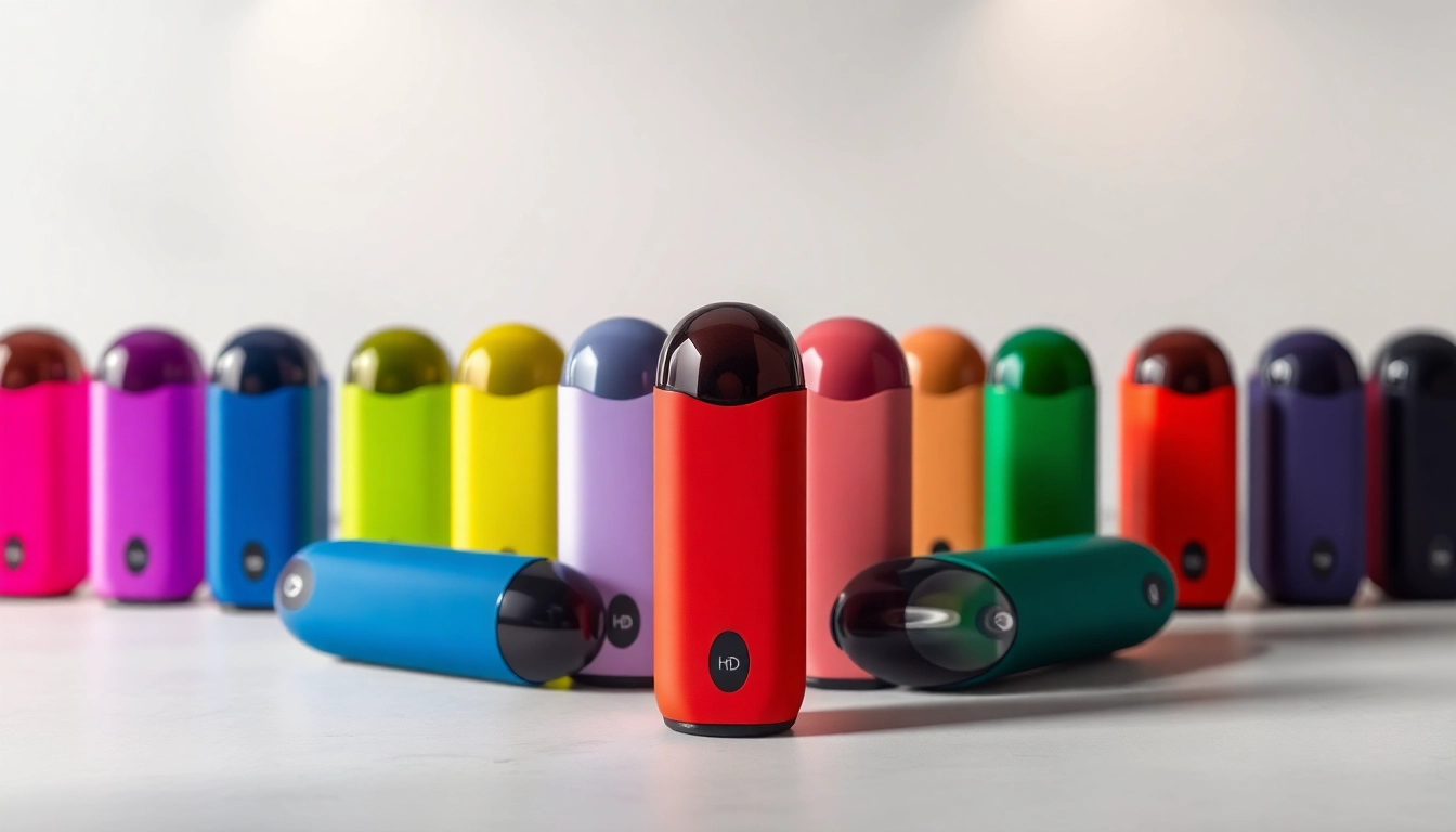 Showcase a variety of HQD Pods in vibrant colors, emphasizing their unique designs and vape flavors.