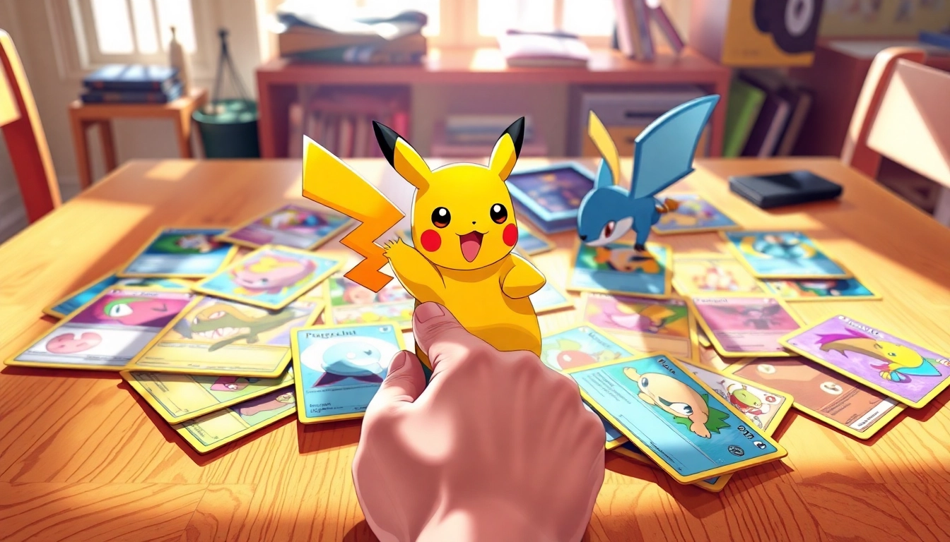 Explore real Pokemon cards showcased beautifully on a tabletop, reflecting vibrant colors and game-ready excitement.