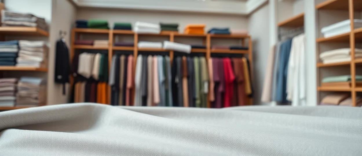 Punta di Roma stoffen in verschillende kleuren en texturen gepresenteerd in een elegante winkel.
