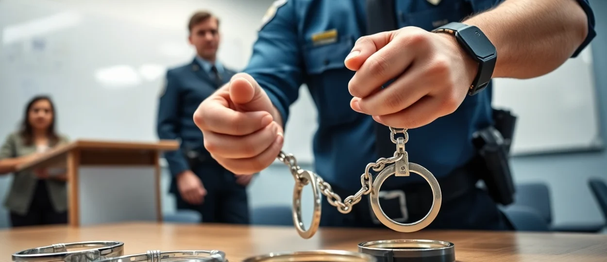 Demonstrating handcuff certification techniques by an officer in a training setting.