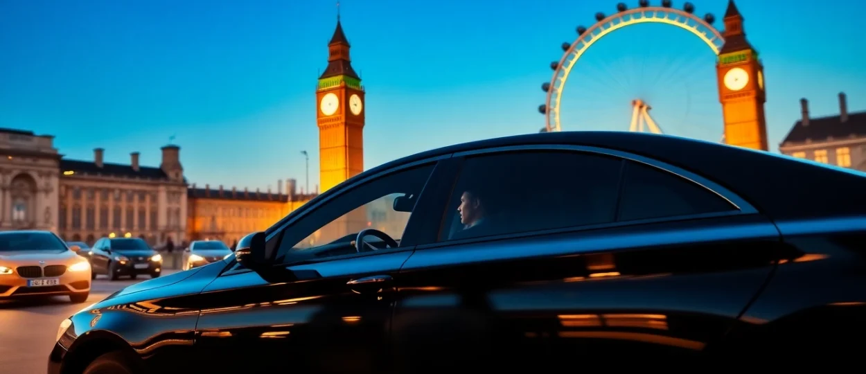 london chauffeur offering premium service in a luxurious sedan against London's famous landmarks.