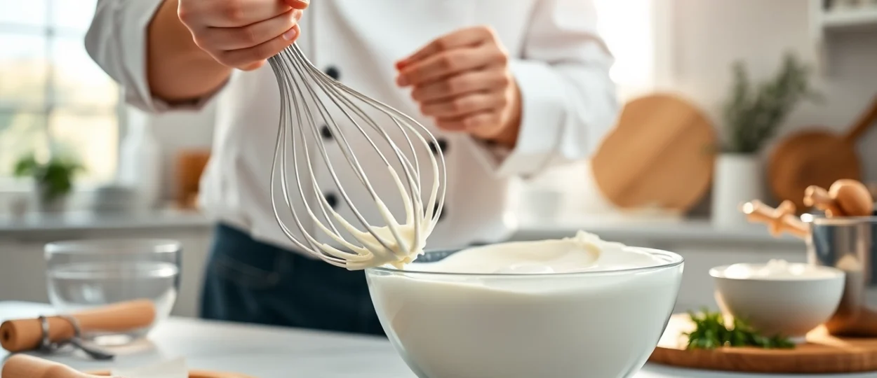 Creëer een luchtige mousseline met een professioneel uitziende chef in een lichte keuken.