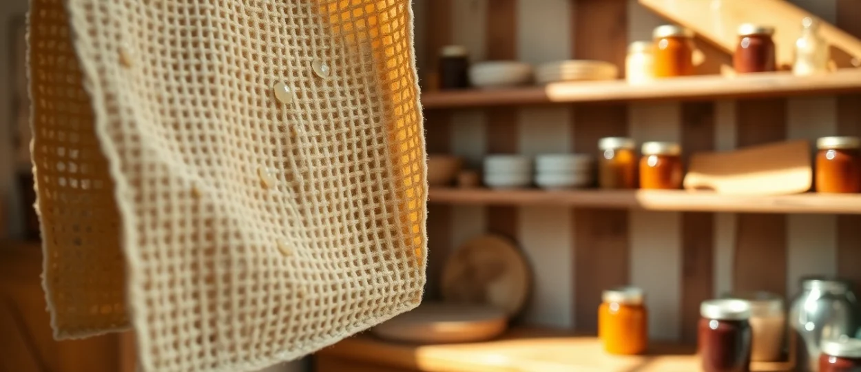 Kaasdoek in rustic kitchen setting, highlighting its texture and utility.