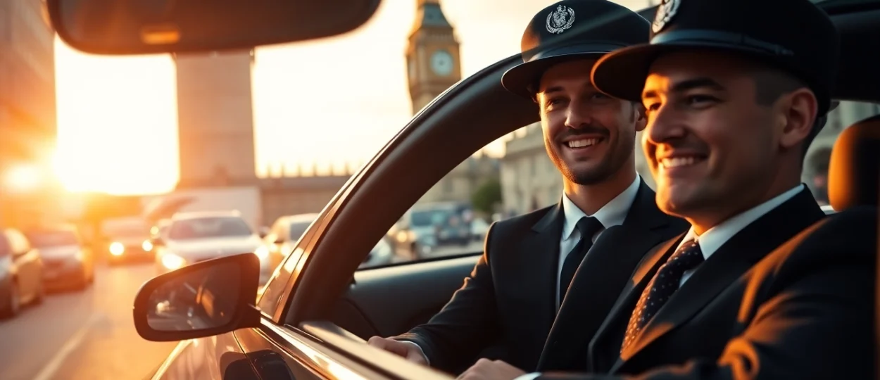Experience top-notch london chauffeur service with a professional driver in a luxury black car amidst London's iconic landmarks.
