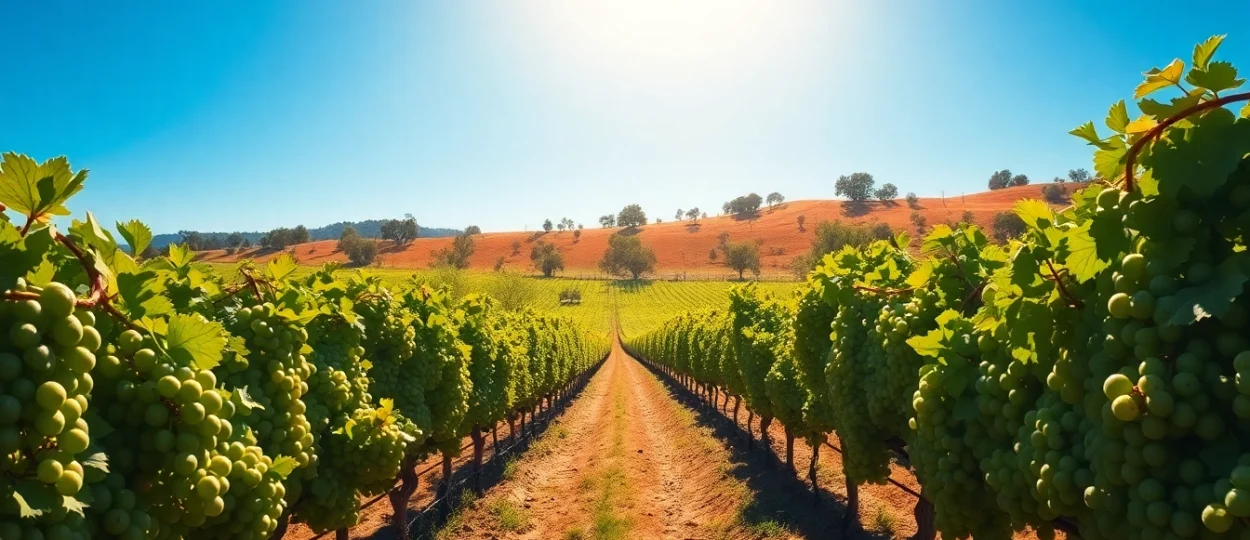 Savor the beauty of Sacramento Wineries with vibrant vineyards and ripe grapes under bright sunlight.