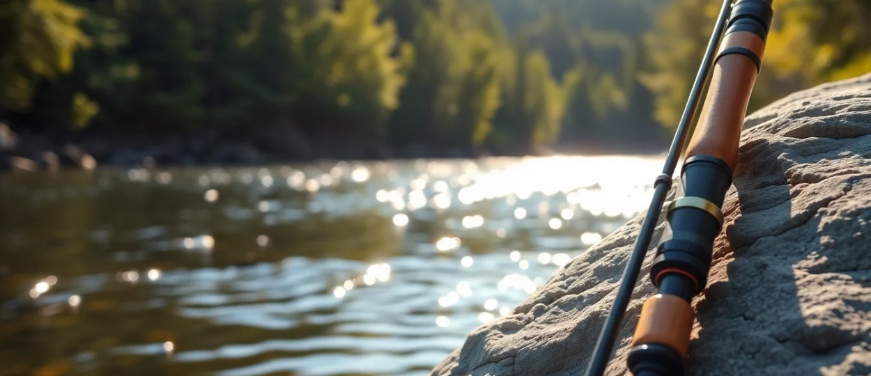 Showcasing the Best fly fishing rods amidst a tranquil river landscape full of greenery.