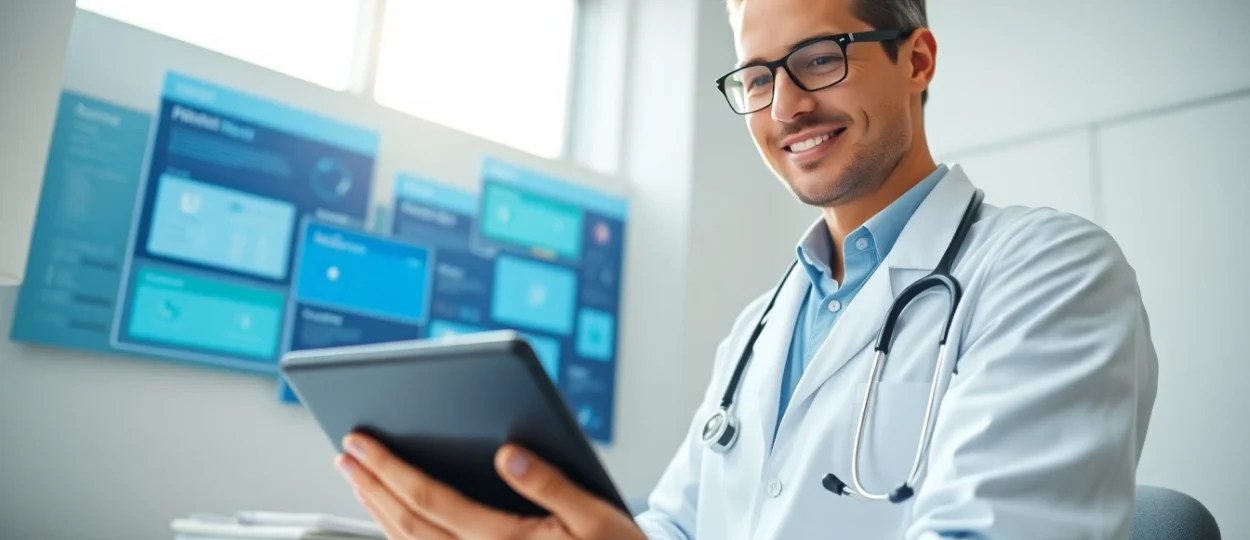 Engaged healthcare provider utilizing eprescribing platforms in a modern medical office, showcasing technology.